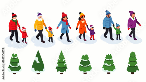 Isometric illustration of diverse families walking with children in a snowy winter landscape, accompanied by snow-covered evergreen trees. Perfect for seasonal designs.