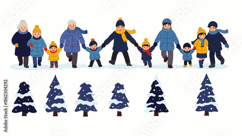 Smiling multi-generational family, including grandparents, parents, and children, walking hand in hand in winter attire with snowy trees. Perfect for holiday themes.