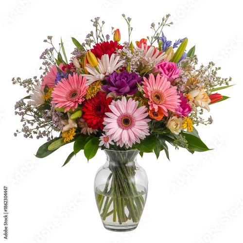 Bright Flowers in a Clear Vase on a Plain Background for Decoration and Gifting