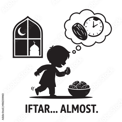Silhouette of child eagerly waiting for iftar with dates and clock
