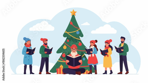 Group of people singing Christmas carols around a decorated tree.