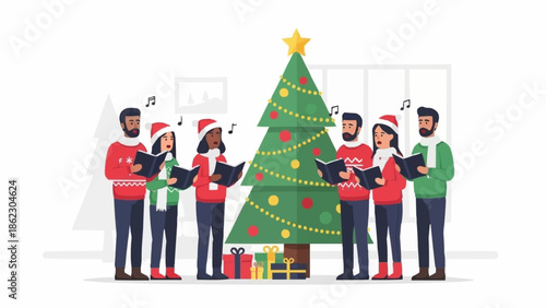 Group of people singing Christmas carols around a decorated tree.