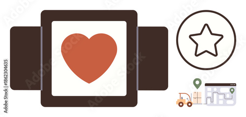 Heart symbol in a package with star and logistics route nearby. Ideal for customer satisfaction, quality service, favorite choice, top rating, logistics, love for work, motivation. Simple flat