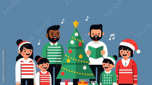 Family Singing Christmas Carols Around Decorated Tree.