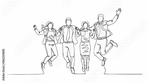 Four friends jumping in the air with joy and excitement.