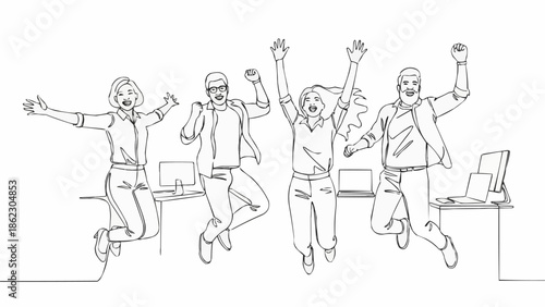 Four happy people jumping in the air celebrating success.