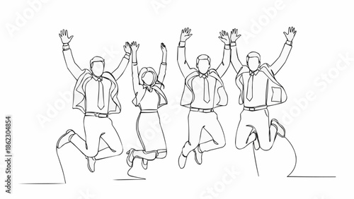 Four people in business attire jumping for joy in a continuous line drawing.