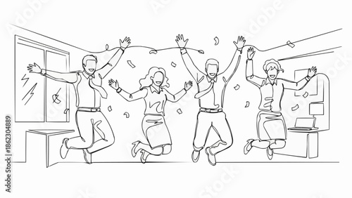 Four people jumping for joy in a room with lights.