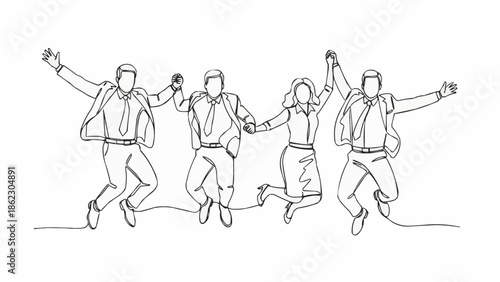 Four people in business attire jumping for joy together.