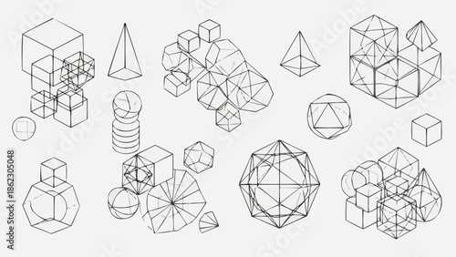 Geometric shapes wireframe isometric drawing abstract background.