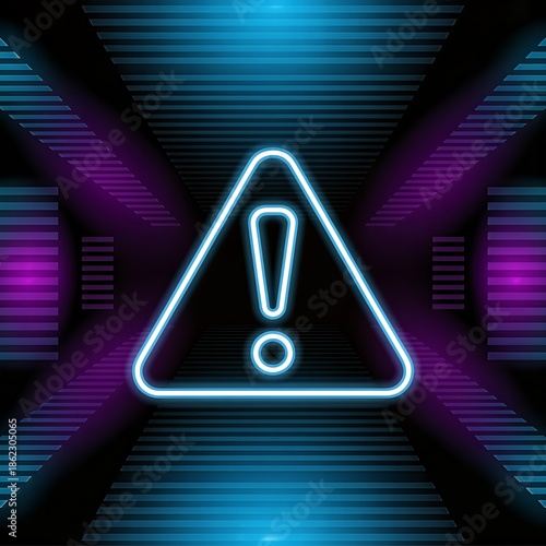Neon blue warning sign with exclamation mark in a futuristic digital tunnel with glowing purple and blue lines.