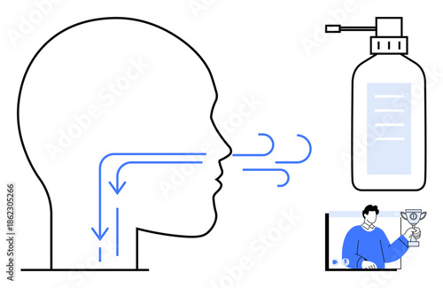Diagram of breathing process with airflow arrows, nasal pathways, medical spray bottle, and virtual screen featuring man holding trophy. Ideal for healthcare, education, respiratory health, medical