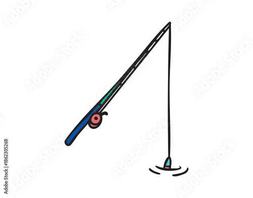 Fishing rod cast in water, hand drawn doodle
