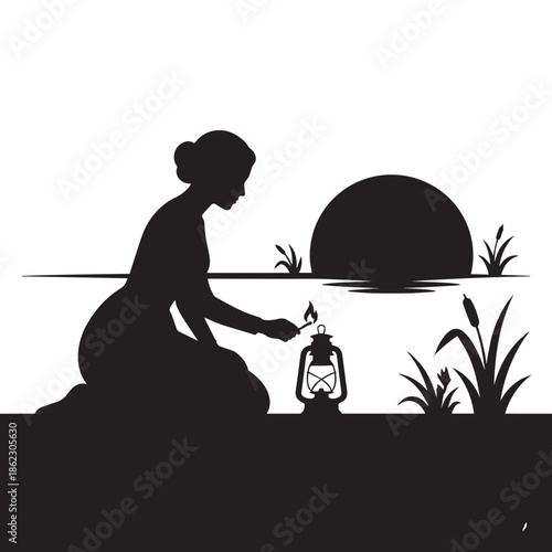 Serene woman lighting lantern by peaceful lake at sunset