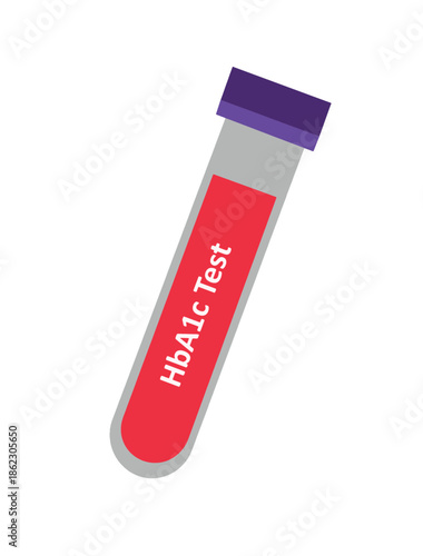 Flat vector illustration of HbA1c blood test tube used for diabetes diagnosis and glucose control. Medical laboratory concept showing glycated hemoglobin test. Isolated on white background.