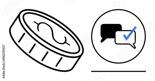 Coin tilted with dollar sign alongside speech bubbles featuring a checkmark. Ideal for finance, communication, decision-making, approval, negotiation, business, and collaboration. Clean simple flat