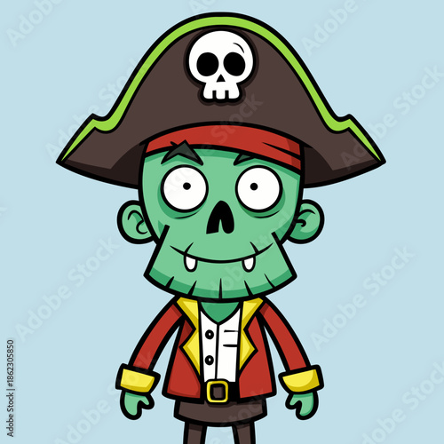 Funny cartoon vector illustration of a pirate parrot and skull with a blue sword and a comic zombie monster character wearing a hat for a fun Halloween art collection