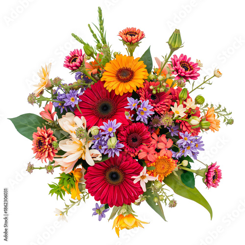Bright Bouquet of Various Flowers in a Glass Vase on a Plain Background
