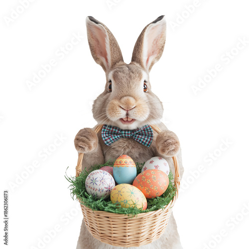 Rabbit Holds Basket With Colorful Eggs During Easter Celebration in Spring Se...