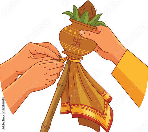 Hands tying knot on bamboo stick to prepare traditional gudi flag with copper pot coconut and leaves for celebrating indian hindu new year festival gudi padwa.