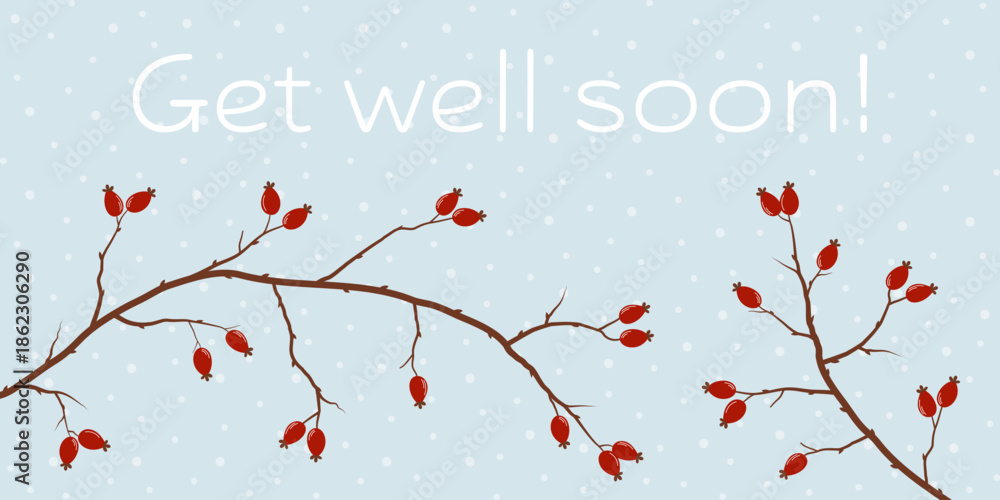 Φωτογραφία Get well soon - Schriftzug in englischer Sprache - Gute Besserung Winterliche Grußkarte mit Hagebuttenzweigen vor einem Schneehintergrund
