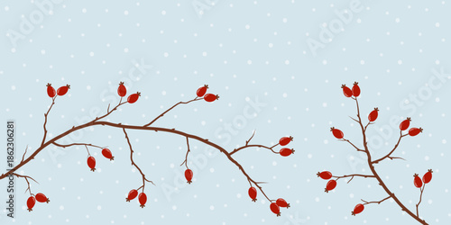 Winterliche Vektorgrafik mit Hagebuttenzweigen vor einem Schneehintergrund. Freier Platz für Text. Vorlage für Einladungen, Grußkarten, Social Media Posts und Werbung.