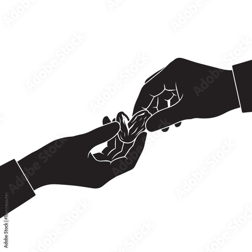 Vector silhouette of hands exchanging a wedding ring, marriage proposal or ceremony, isolated on white