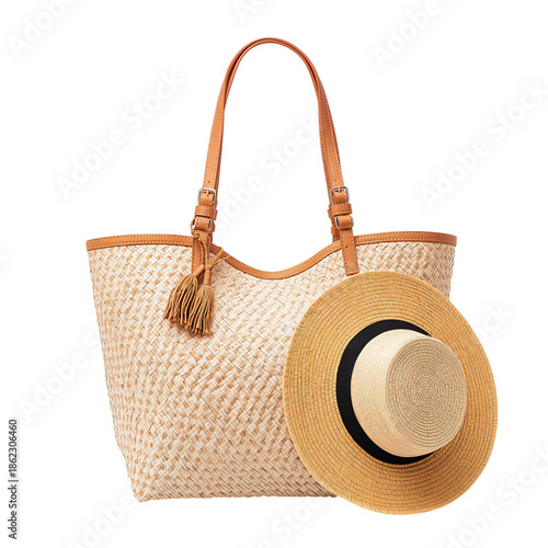Summer Tote Bag and Straw Hat for Outdoor Activities at the Beach or Park