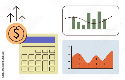 Graphs indicating trends, calculator with monetary symbol signifies financial planning, rising arrows. Ideal for finance, trends, statistics, analysis, business growth, economy simple flat metaphor