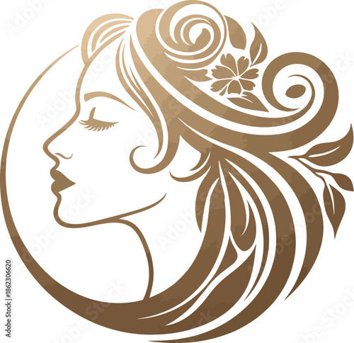 Artistic Female Profile Illustration with Ornamental Flowing Hair and Floral Accents