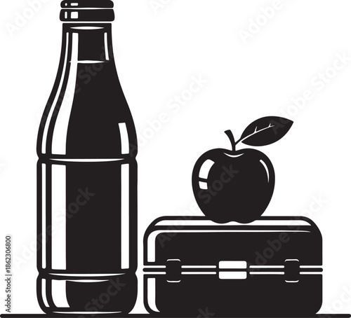 Black and white of a glass bottle of drink next to a lunchbox with an apple on also transparent background