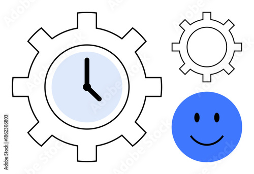 Time management concept. Gear clock productivity and efficiency paired with a blue smile face symbol. Time as a resource. Useful for business, psychology, project management, self-improvement