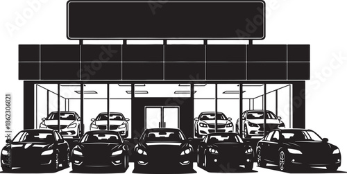 Black and white of a car dealership showroom with multiple cars displayed also transparent background