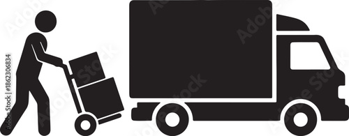 Black and white silhouette of a person pushing a hand truck with boxes next to a delivery truck also transparent background