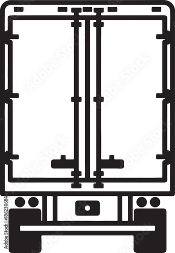 Black and white outline of a truck trailer rear view with doors and wheels also transparent background
