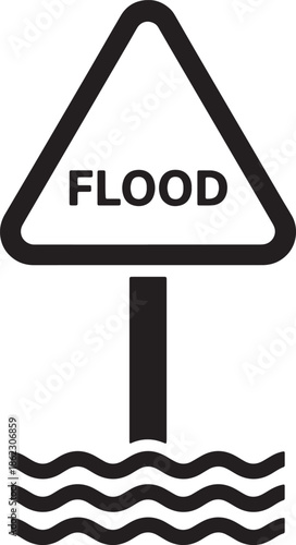 Black flood warning sign with wavy water symbol and text also transparent background danger sign alert symbol