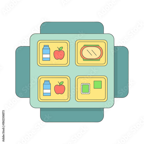 Lunchbox with nutritious food items: sandwich, apple, and milk  