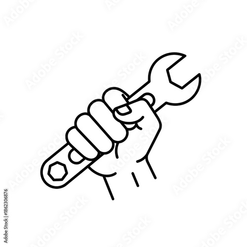 minimalist hand holding wrench tool line art illustration 