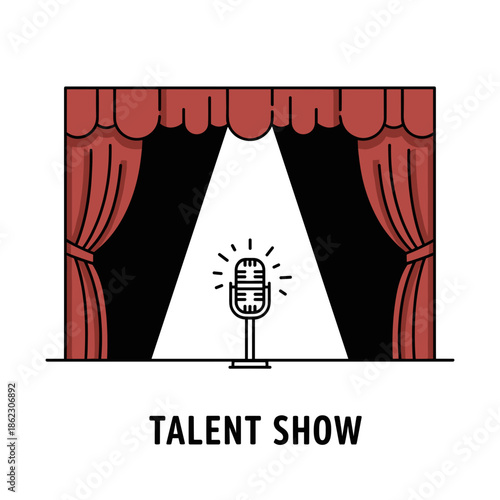 Talent show stage with microphone and red curtains in spotlight  