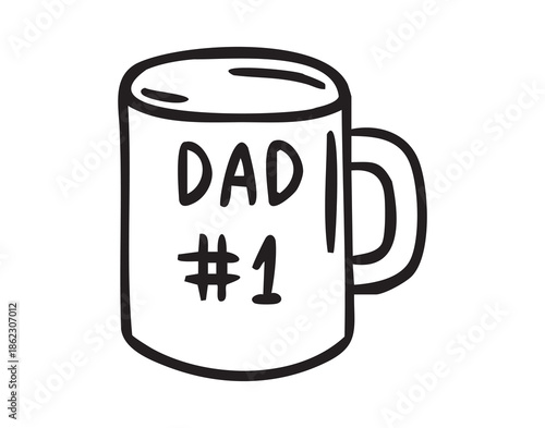mug Dad number 1 lettering, hand drawn doodle, line art, monochrome, hand drawn