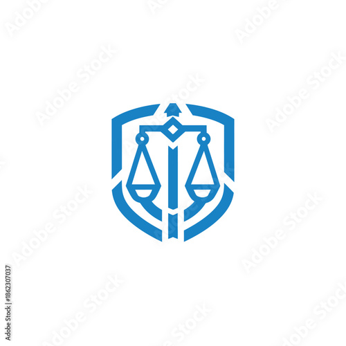 A blue logo featuring scales and a sword on a shield symbolizing justice and protection