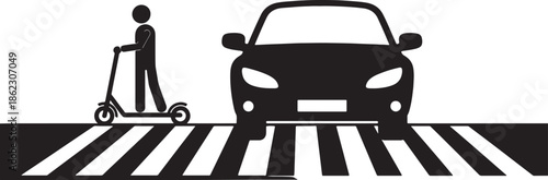 Black silhouette of a person on an electric scooter and a car on a pedestrian crossing also transparent background