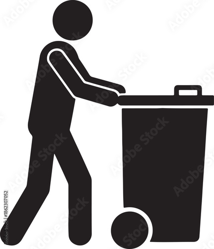 Black silhouette of a person pushing a wheeled trash can also transparent background woman figure