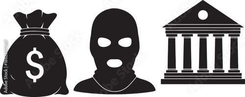 Black silhouette of a money bag a masked person and a bank building also transparent background dollar sign