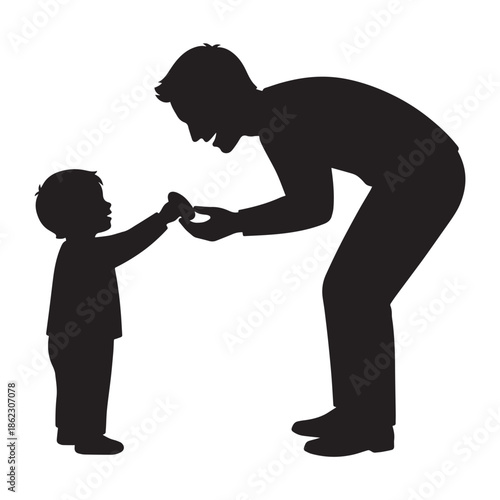 Father and son black silhouette vector illustration, parent child bonding, family care, isolated on white