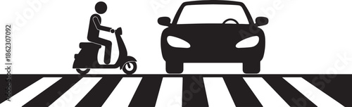 Black silhouette of a person riding a scooter on a crosswalk in front of a car also transparent background