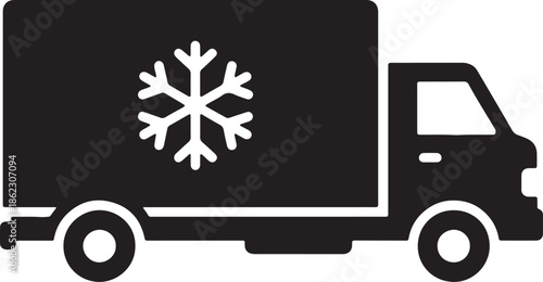 Black silhouette of a refrigerated truck with a white snowflake symbol on its side also transparent background