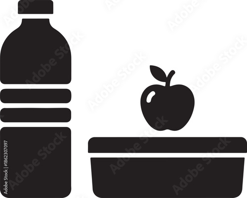 Black silhouette of a water bottle next to a lunchbox with an apple on also transparent background plastic bottle