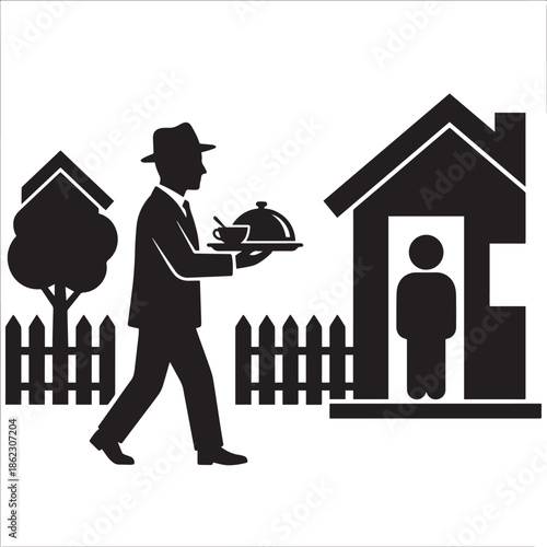 Vector silhouette of a waiter delivering room service or food delivery to a house, isolated on white