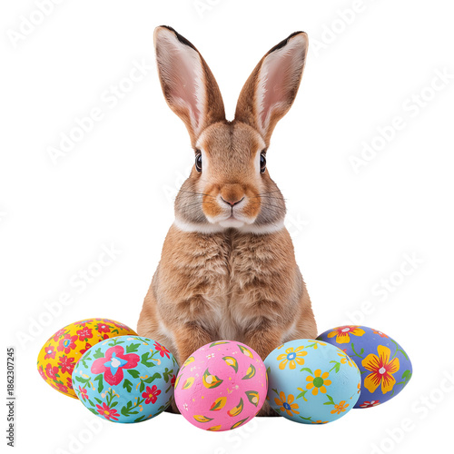 Cute Rabbit With Colorful Easter Eggs in Spring Setting During Celebration Time